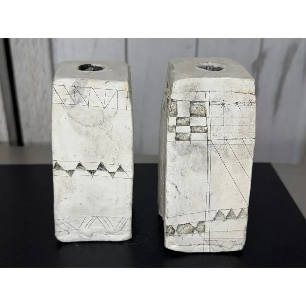 Vintage Abstract Art Carved Candle Holders Set Of 2 Column Artist Made White